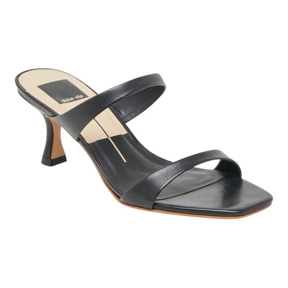 Dolce Vita Women’s Genora Black Leather Heels Square Toe Slide Sandals Size 9.5 - Picture 1 of 8
